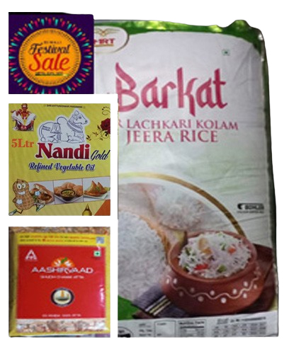 Fest Combo of 3 units Nandi 5Ltrs Veg Oil, Ashirvad 5Kg Atta, Barkat Jeera Rice 26kg