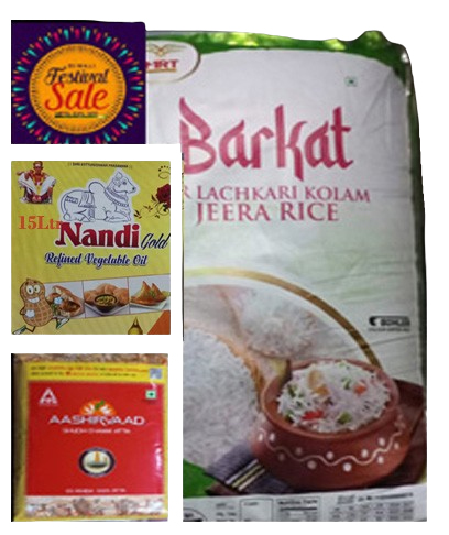 Fest Combo of 3 units Nandi 15Ltrs Veg Oil, Ashirvad 5Kg Atta, Barkat Jeera Rice 26kg