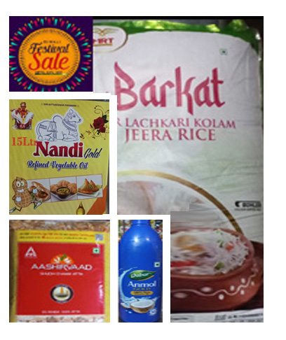 Fest Combo of 4 units Nandi 15Ltrs Veg Oil,Dabur 600ml Cocunut Oil, Ashirvad 5Kg Atta, Barkat Jeera Rice 26kg